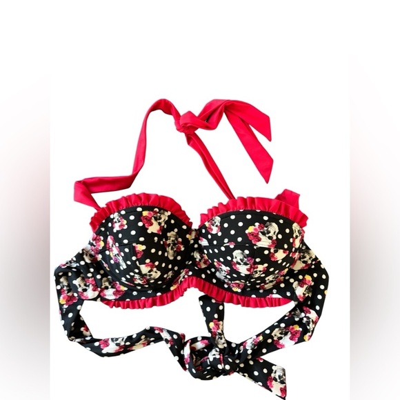 Hot Topic Polka Dot Rose Skull Bikini Sz XS Top M Bottom Black Red Ruffles Bows - Picture 3 of 8